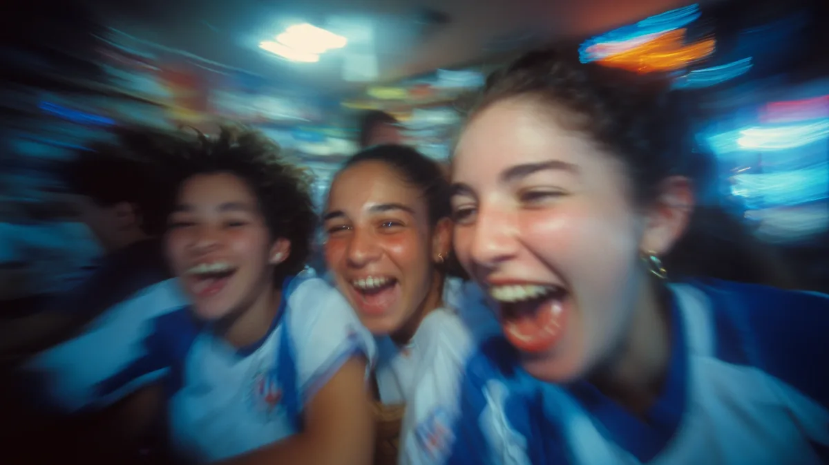 Three friends laughing in team jerseys
