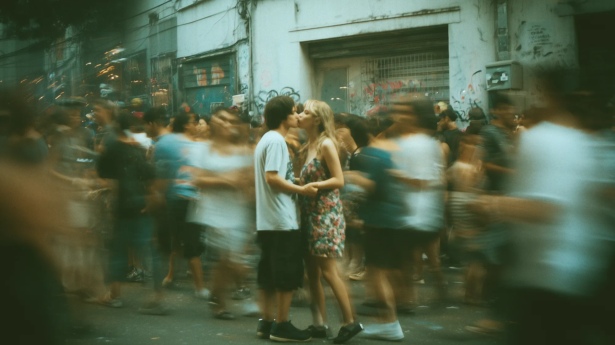 A couple kissing in a moving crowd