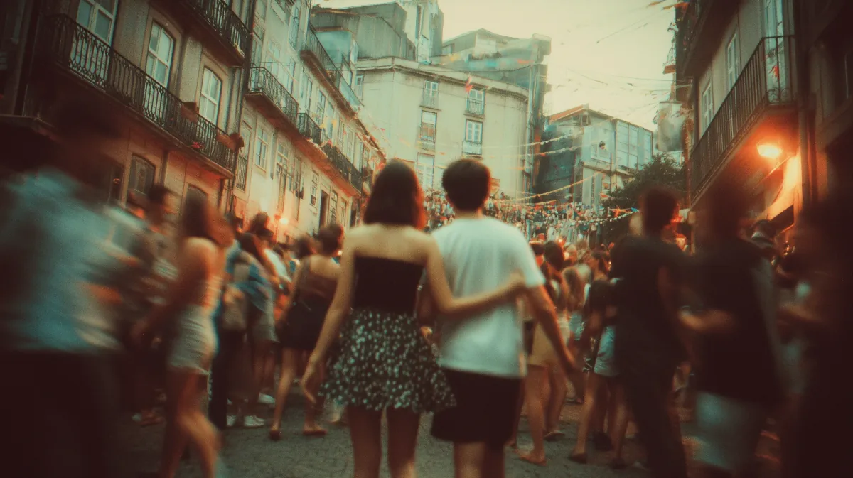 A couple walking through a street festival