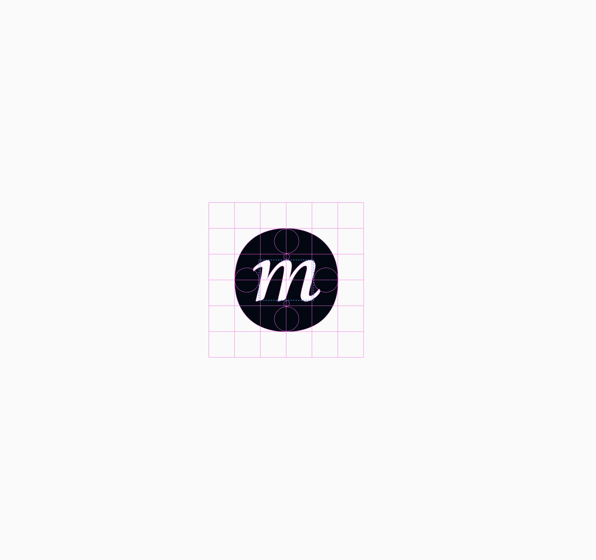 The “m” on the dot, with its construction grid